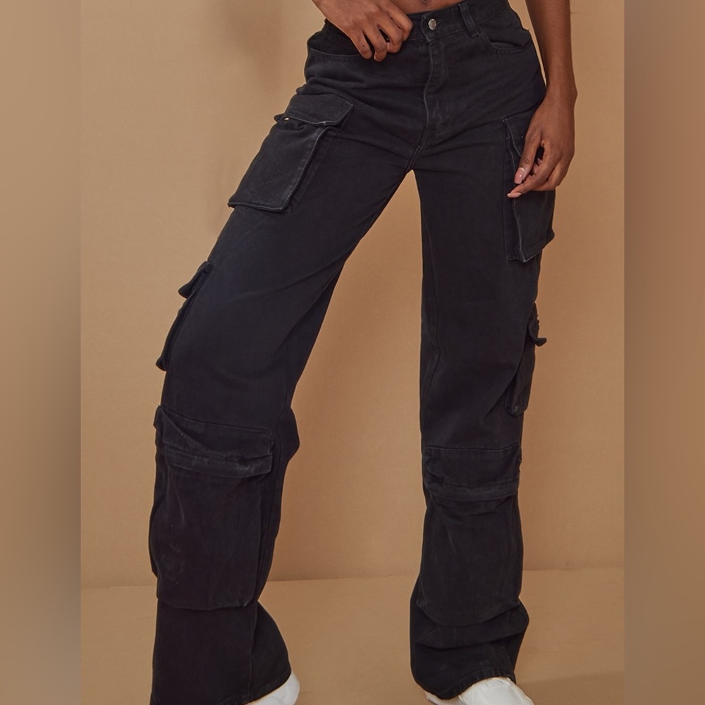 Tall Black Cargo Pocket Detail Wide Leg Jeans